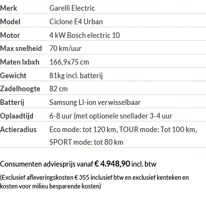 Merk Garelli Electric Model Ciclone E4 Urban Motor  4 kW Bosch electric 10 Max snelheid 70 km uur Maten lxbxh 166,9x7   