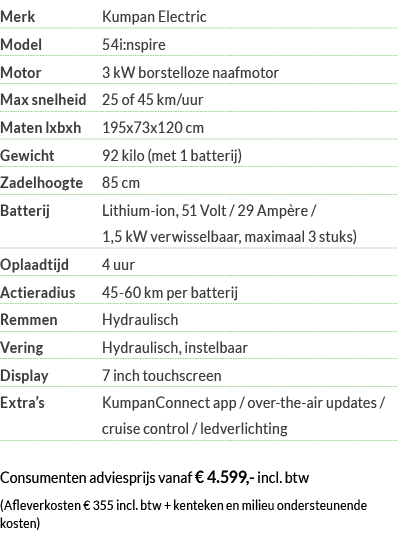 Merk Kumpan Electric Model 54i:nspire Motor 3 kW borstelloze naafmotor Max snelheid 25 of 45 km uur Maten lxbxh 195x7   
