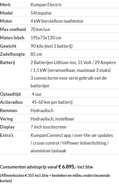 Merk Kumpan Electric Model 54i:mpulse Motor 4 kW borstelloze naafmotor Max snelheid 70 km uur Maten lxbxh 195x73x120    