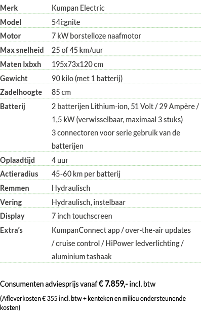 Merk Kumpan Electric Model 54i:gnite Motor 7 kW borstelloze naafmotor Max snelheid 25 of 45 km uur Maten lxbxh 195x73   