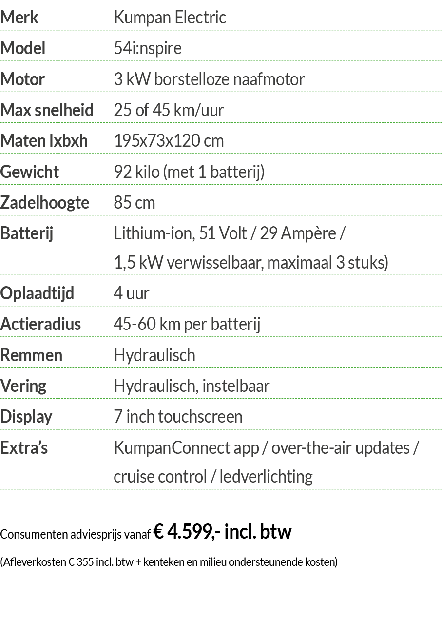 Merk Kumpan Electric Model 54i:nspire Motor 3 kW borstelloze naafmotor Max snelheid 25 of 45 km uur Maten lxbxh 195x7   