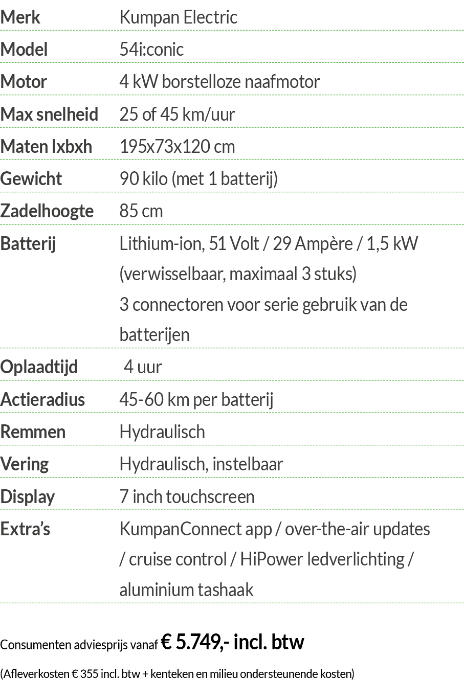 Merk Kumpan Electric Model 54i:conic Motor 4 kW borstelloze naafmotor Max snelheid 25 of 45 km uur Maten lxbxh 195x73   