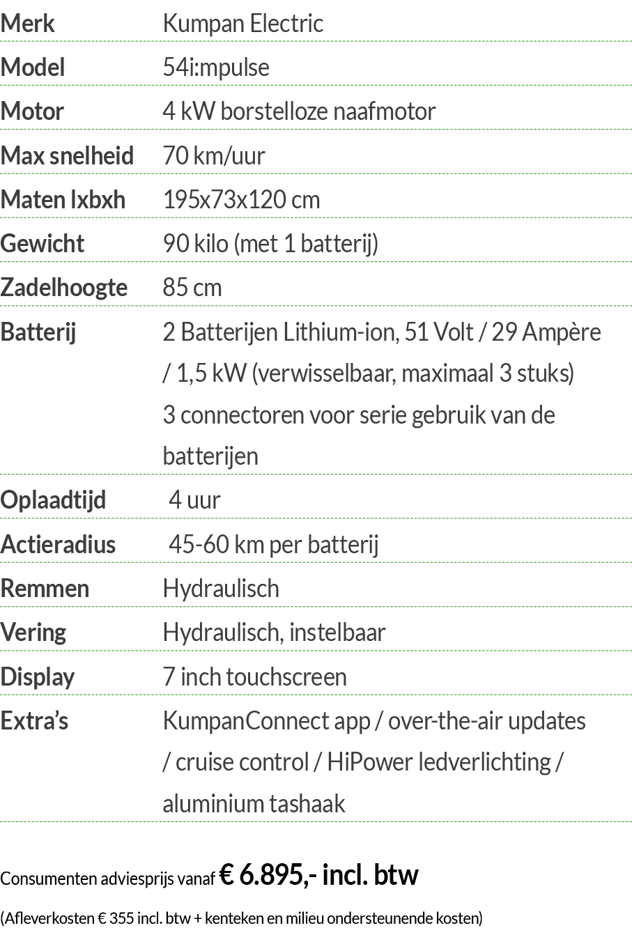 Merk Kumpan Electric Model 54i:mpulse Motor 4 kW borstelloze naafmotor Max snelheid 70 km uur Maten lxbxh 195x73x120    