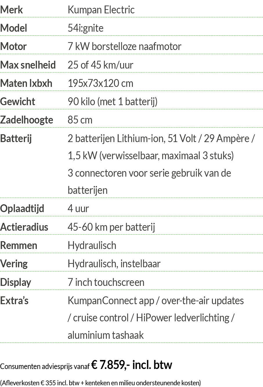 Merk Kumpan Electric Model 54i:gnite Motor 7 kW borstelloze naafmotor Max snelheid 25 of 45 km uur Maten lxbxh 195x73   