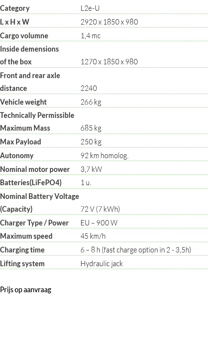 Category L2e-U L x H x W 2920 x 1850 x 980 Cargo volumne  1,4 mc Inside demensions of the box 1270 x 1850 x 980 Front   