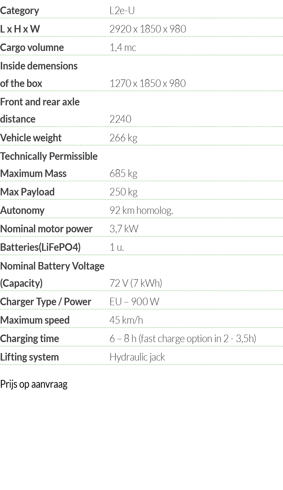 Category L2e-U L x H x W 2920 x 1850 x 980 Cargo volumne  1,4 mc Inside demensions of the box 1270 x 1850 x 980 Front   