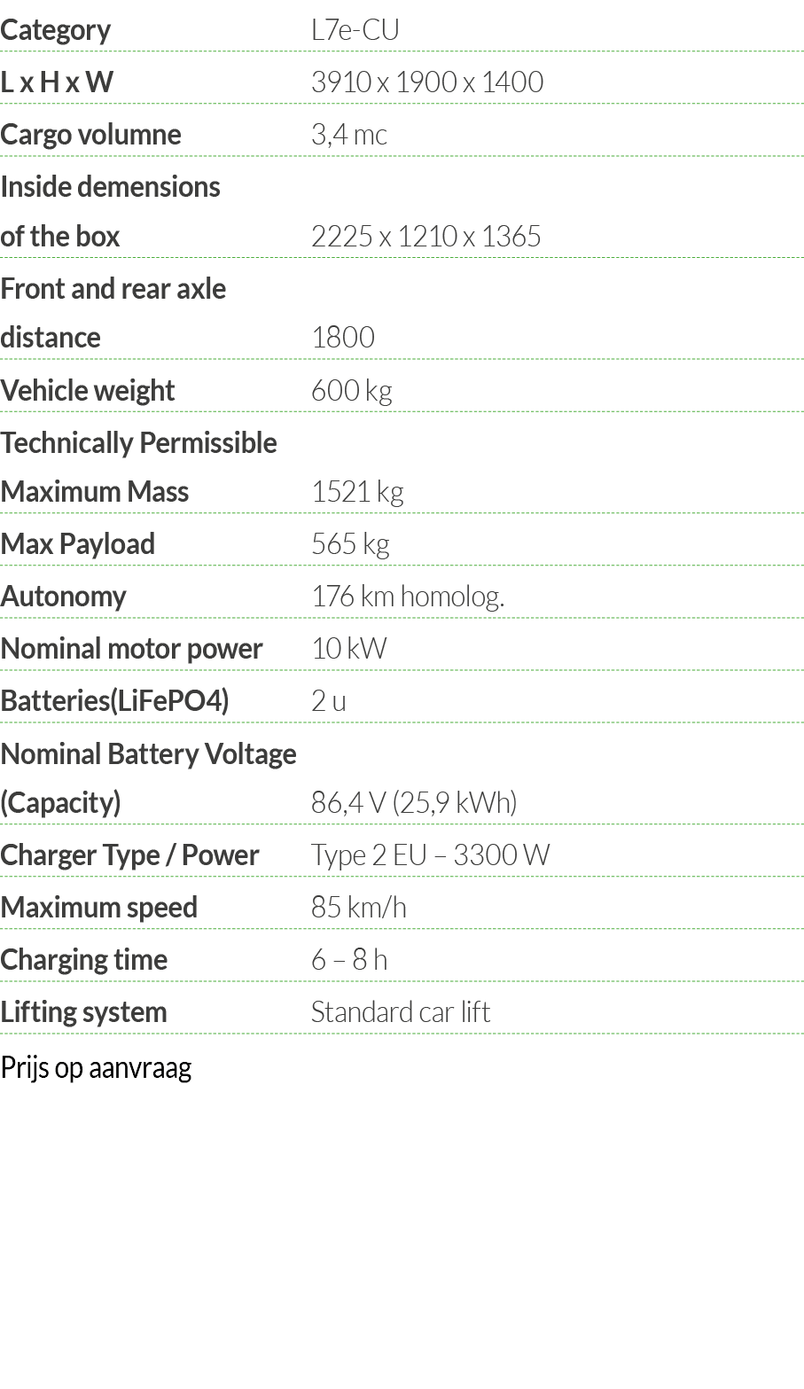 Category L7e-CU L x H x W 3910 x 1900 x 1400 Cargo volumne  3,4 mc Inside demensions of the box 2225 x 1210 x 1365 Fr   
